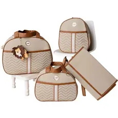 Kit Bolsa Bebê Maternidade 4 Peças Bordado Safári Luxo na cor Bege