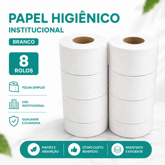 Papel Higienico Branco Institucional pct com 8 rolão de 300m
