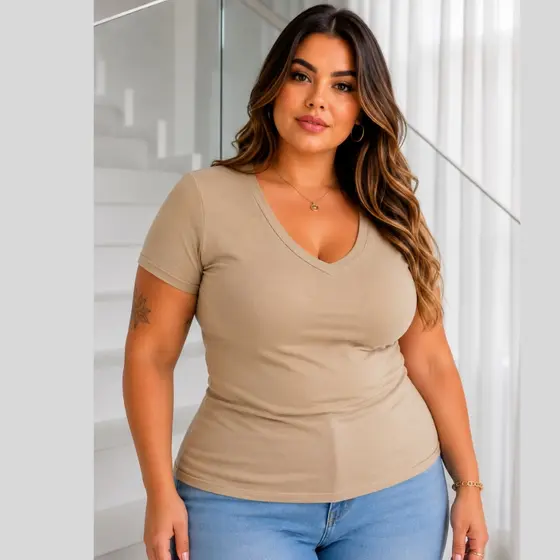 Camiseta Feminina Plus Size  Confortavél  Viscolyacra Gola V  Baby Look  Basica  G1 G2 G3