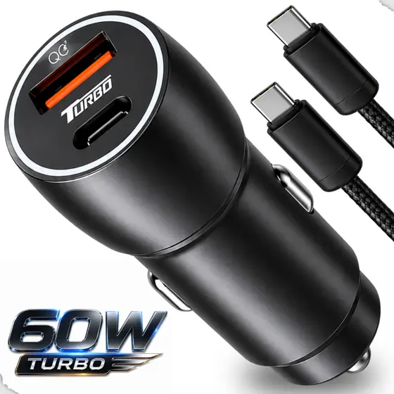Kit Carregador Veicular Turbo 60W PD + USB-C Com Cabo Tipo-C  Compatível Com Android e iPhone