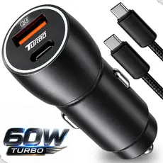 Kit Carregador Veicular Turbo 60W PD + USB-C Com Cabo Tipo-C Compatível Com Android e iPhone