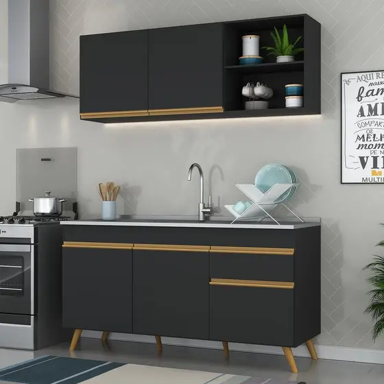Cozinha Compacta Veneza GB Multimóveis MP2079 com Armário e Balcão Preta