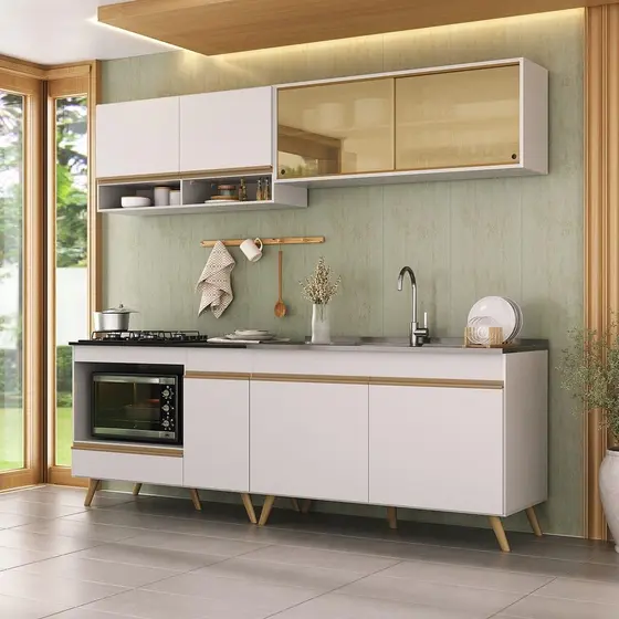Armário de Cozinha Modulada Compacta 225cm com Balcão para Cooktop Veneza Multimóveis MP2265