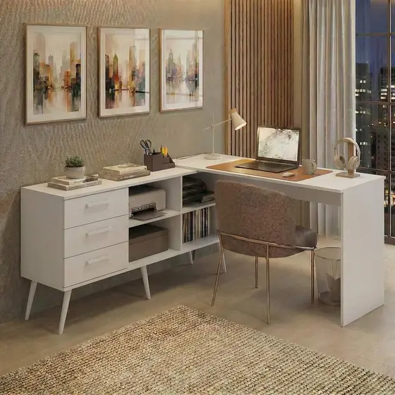 Mesa de Escritório em L com 3 Gavetas Porto Multimóveis MP6044