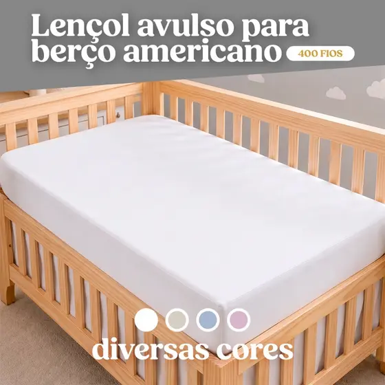 Lençol Avulso Berço Americano 400 Fios 1,30m x 0,70m x 0,12m Toque Aveludado 400 fios Antialergico