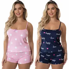 Kit 4 Peças (2 Conjuntos) Pijama Feminino Baby Doll Short Doll Roupa Dormir 2 Shorts + 2 Blusas