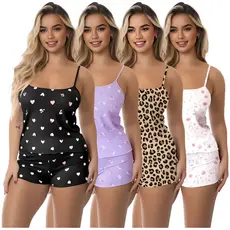 Kit 4 Conjuntos Femininos Baby Doll Pijama Short Doll Estampado Sem Bojo Original