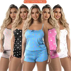 Kit 10 Peças (5 Conjuntos) Short Doll Conjunto Pijama Feminino Baby Doll 5 Blusas e 5 Shorts
