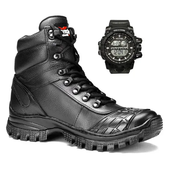 Bota Coturno Motociclista Em Couro Legítimo Kit com Relógio Digital