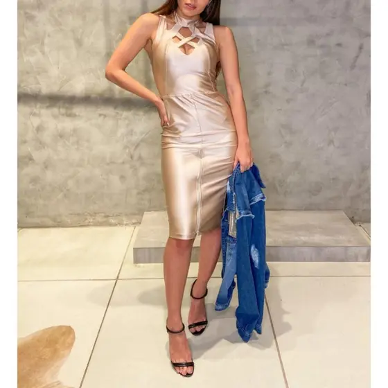 Vestido Cintilado Trançado com Zíper Frontal M