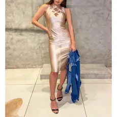 Vestido Cintilado Trançado com Zíper Frontal M