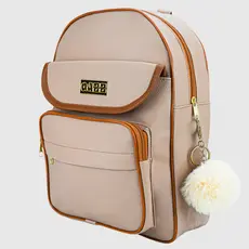 Mochila Feminina Bege Média Escolar Faculdade Couro Sintético Reforçada