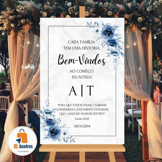 Quadro Placa Decorativo Para Casamento Iniciais Flores Azul
