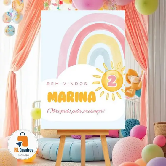 Placa Decorativa Recepção Aniversário Infantil Arco Iris Colorido Personalizada Com Nome