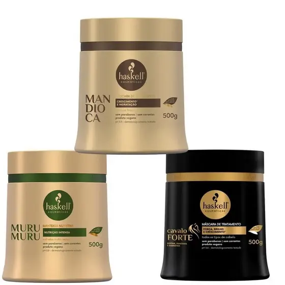 Kit Cronograma Capilar Haskell 3 Máscaras Cavalo Forte, Mandioca e Murumurú 500g