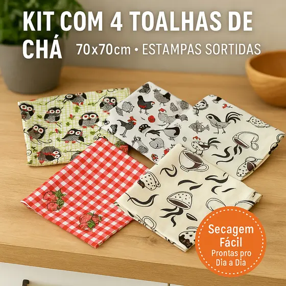 Kit Toalha de Chá 70cm x 70cm com 4 Peças