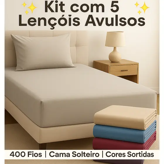 Kit 5 Lençol Solteiro Avulso 400 Fios Cama Box Com Elástico