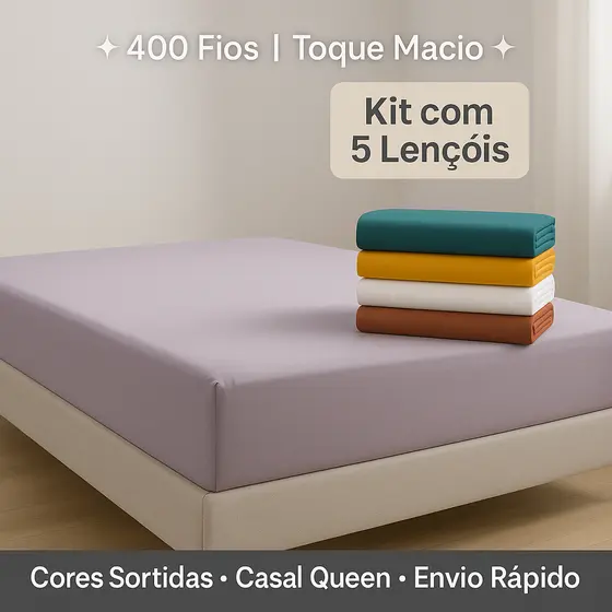 Kit 5 Lençol Casal Queen Avulso Cama Box Com Elástico 100% Poliéster Cores Sortidas