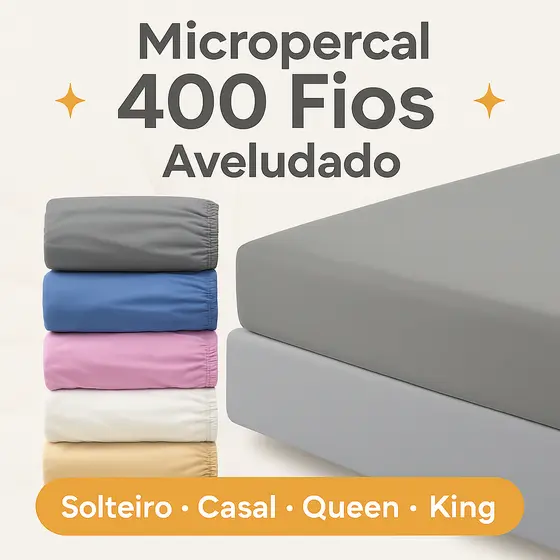 Lençol Avulso com Elástico Micropercal 400 Fios Solteiro Casal Queen King Toque Aveludado e Macio