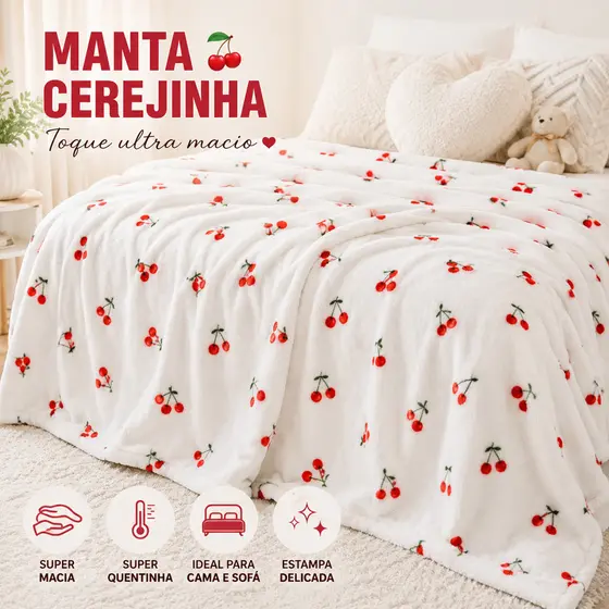 Manta Cereja Casal e Queen Soft Premium Cobertor Quentinho