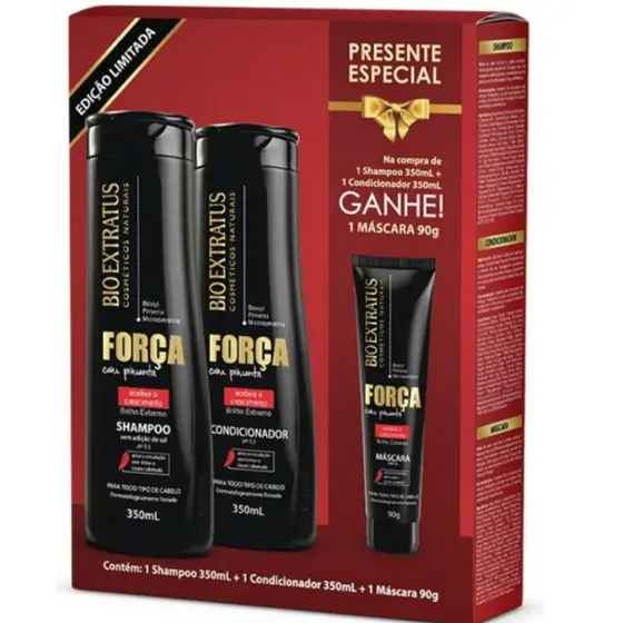 BIO EXTRATUS KIT FORÇA SHAMPOO 350ml +CONDICIONADOR 350ml + MASCARA 90gr (ACELERA O CRESCIMENTO)