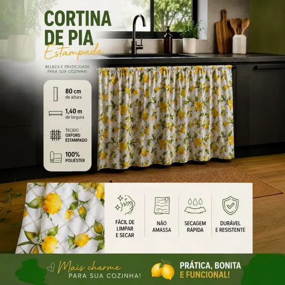 Cortina de Pia Cozinha Estampada em Tecido Oxford Uma Parte Só 1,40m x 0,80cm Cortina Pequena