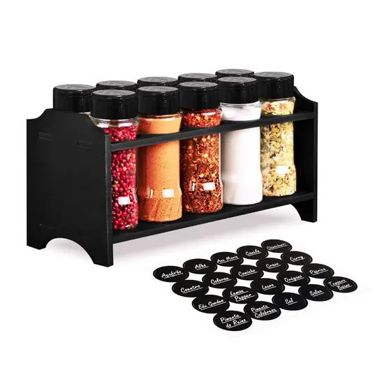 Porta Tempero Berço de Madeira com 10 Potes para Tempero Plástico 130ml Tampa Dosadora Dupla