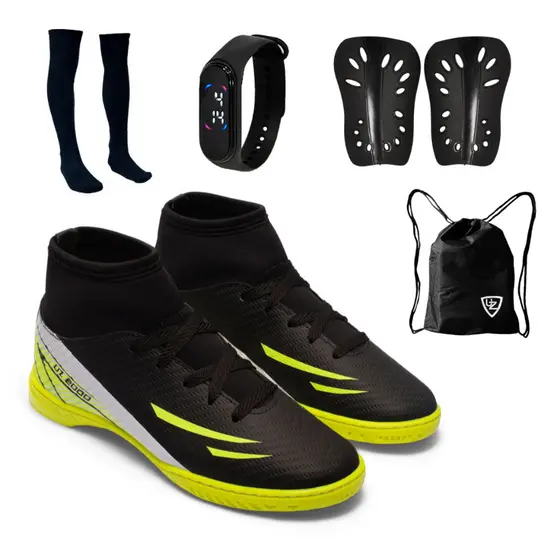 Chuteira Futsal UZ 2000 Botinha Cano Alto Adulto Novo Leve  Uzze Sport + Meião Relógio Caneleira Mochila