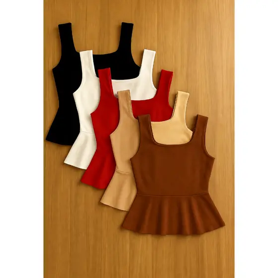 Kit 3 Blusas Feminina Regata Com Babado Peplum Modelagem Cintura Marcada