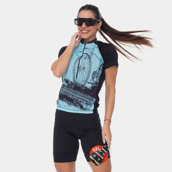 Conjunto de Ciclismo Mulher Camisa Bike Roda Azul e Bermuda De Gel