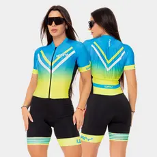 Macaquinho Ciclismo Feminino Macacão Forro De Gel Azul Manga Curta Bike Pedal Mtb