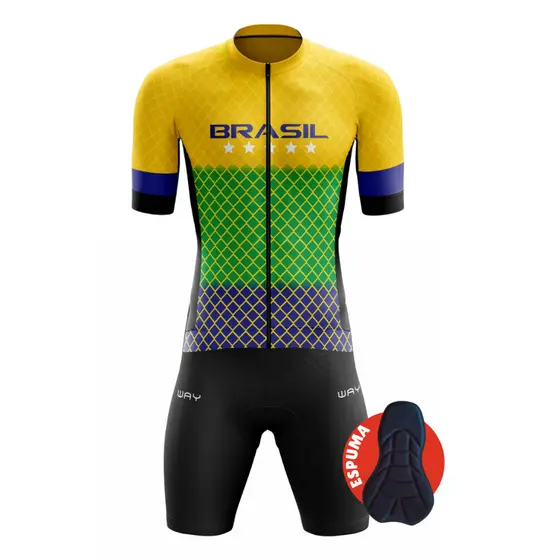 Conjunto Ciclismo Kit Camisa Brasil Estrela e Bermuda Espuma Roupa Masculina Equipe