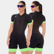 Macaquinho Ciclismo Feminino Macacão Manga Curta Forro em Gel Preto Verde Roupa Bike Pedal Mtb