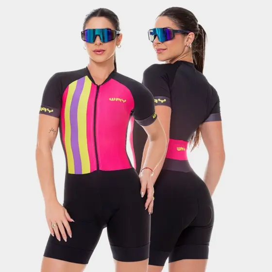 Macaquinho de Ciclismo Feminino Forro Espuma Macacão Manga Curta Acolchoado Roupa Bike Pedal Mtb