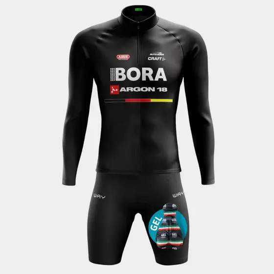 Conjunto Ciclismo de Inverno Masculino- Camisa Bora Preta e Bermuda Gel Equipe