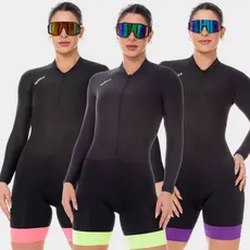 Macaquinho Ciclismo Feminino Macacao Forro Gel Manga Longa Almofadado Roupa Bike Pedal Mtb