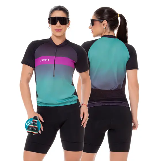 Conjunto de Ciclismo Feminino Camisa Fúcsia e Bermuda Gel