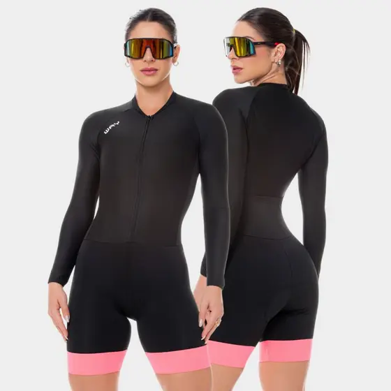 Macaquinho Ciclismo Feminino Macacão Manga Longa Forro Gel Alta Densidade Almofadado Preto Rosa Mtb