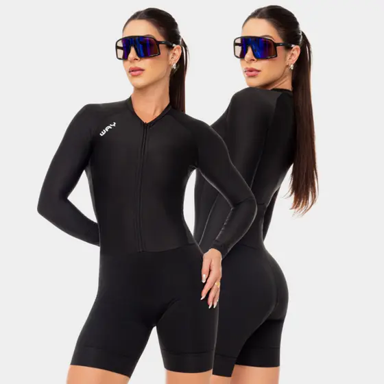 Macaquinho Ciclismo Feminino Macacão Manga Longa Forro Gel Alta Densidade Almofadado Preto Bike Mtb