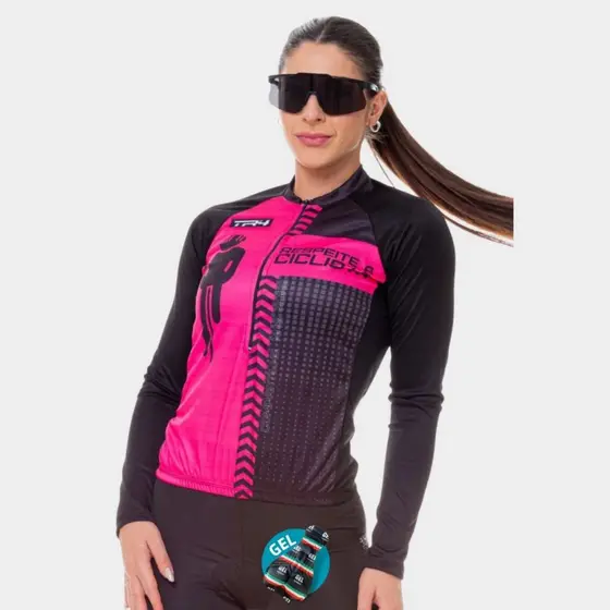 Conjunto de Ciclismo Feminino Respeite a Ciclista Camisa Manga Longa e Bermuda de Gel