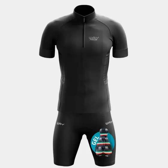 Conjunto de Ciclismo Masculino Camisa Refrescante Preta e Bermuda Forro Gel Uv50 Mtb