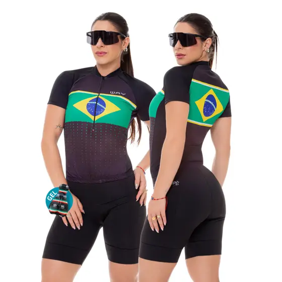 Conjunto de Ciclismo Feminino - Camisa Brasil Points Pro e Bermuda Gel