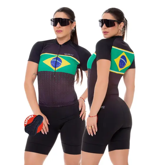 Conjunto de Ciclismo Feminino - Camisa Brasil Points Pro e Bermuda Espuma