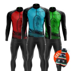 Kit Conjunto Roupa de Ciclismo Camisa Longa + Calça com Forro em Gel Bike Pedal Mtb