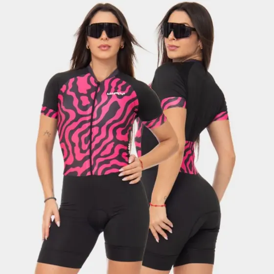 Macaquinho de Ciclismo Feminino Macacão Manga Curta Acolchoado Rosa Forro Espuma Bike MTB