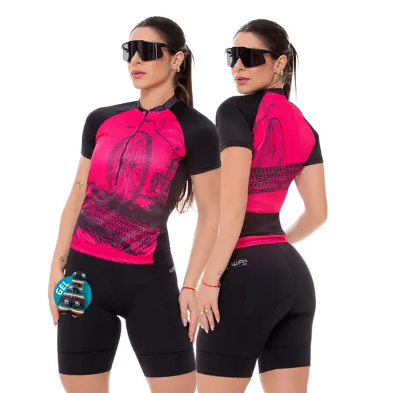 Conjunto de Ciclismo Feminino - Camisa Bike Roda Rosa Pro e Bermuda Gel