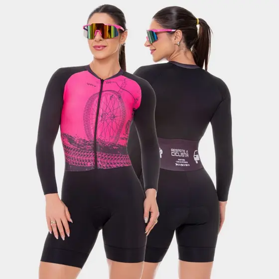 Macaquinho Ciclismo Feminino Macacão Manga Longa Forro Espuma Acolchoado Roupa Slim Bike Pedal Mtb
