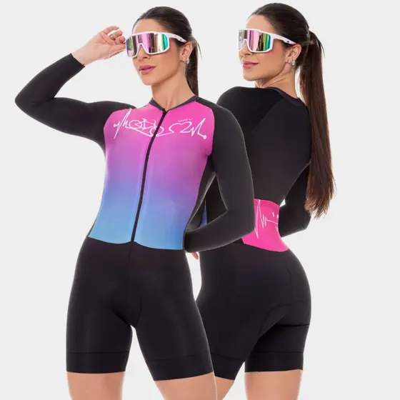 Macaquinho Ciclismo Feminino Macacão Manga Longa Forro Espuma Acolchoado Roupa Bike Pedal Mtb