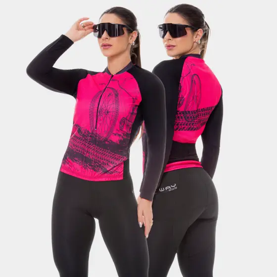 Camisa Ciclismo Feminina Manga Longa Inverno Frio Blusa com Proteção Solar UV Rosa