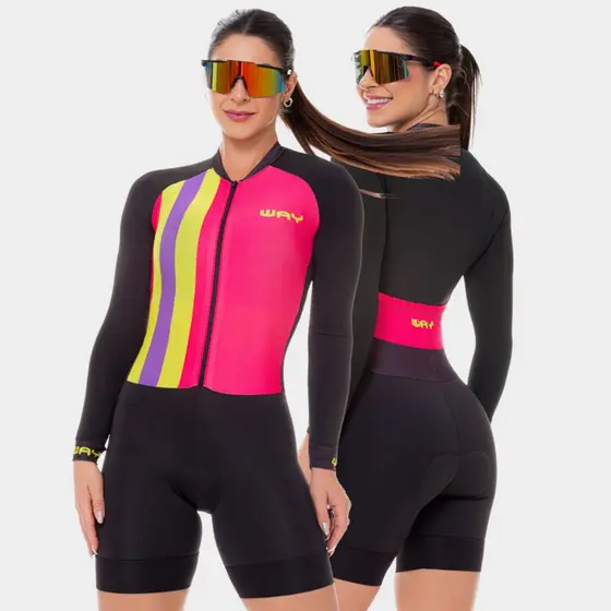 Macaquinho Ciclismo Feminino Macacão Manga Longa Forro Espuma Acolchoado Roupa Slim Bike Pedal Mtb